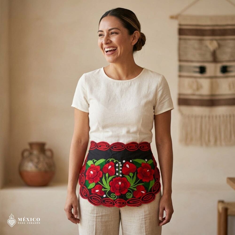 Mexican Embroidered Waist Apron – Floral Pocket Design, Traditional Tie Apron